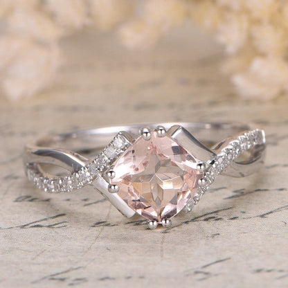 Bague en or rose 14 carats avec morganite rose de 8 mm, alliance torsadée à anneau fendu, bague de fiançailles avec morganite coussin et diamant naturel SI-H