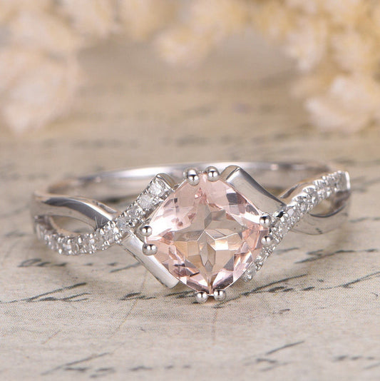 Bague en or rose 14 carats avec morganite rose de 8 mm, alliance torsadée à anneau fendu, bague de fiançailles avec morganite coussin et diamant naturel SI-H