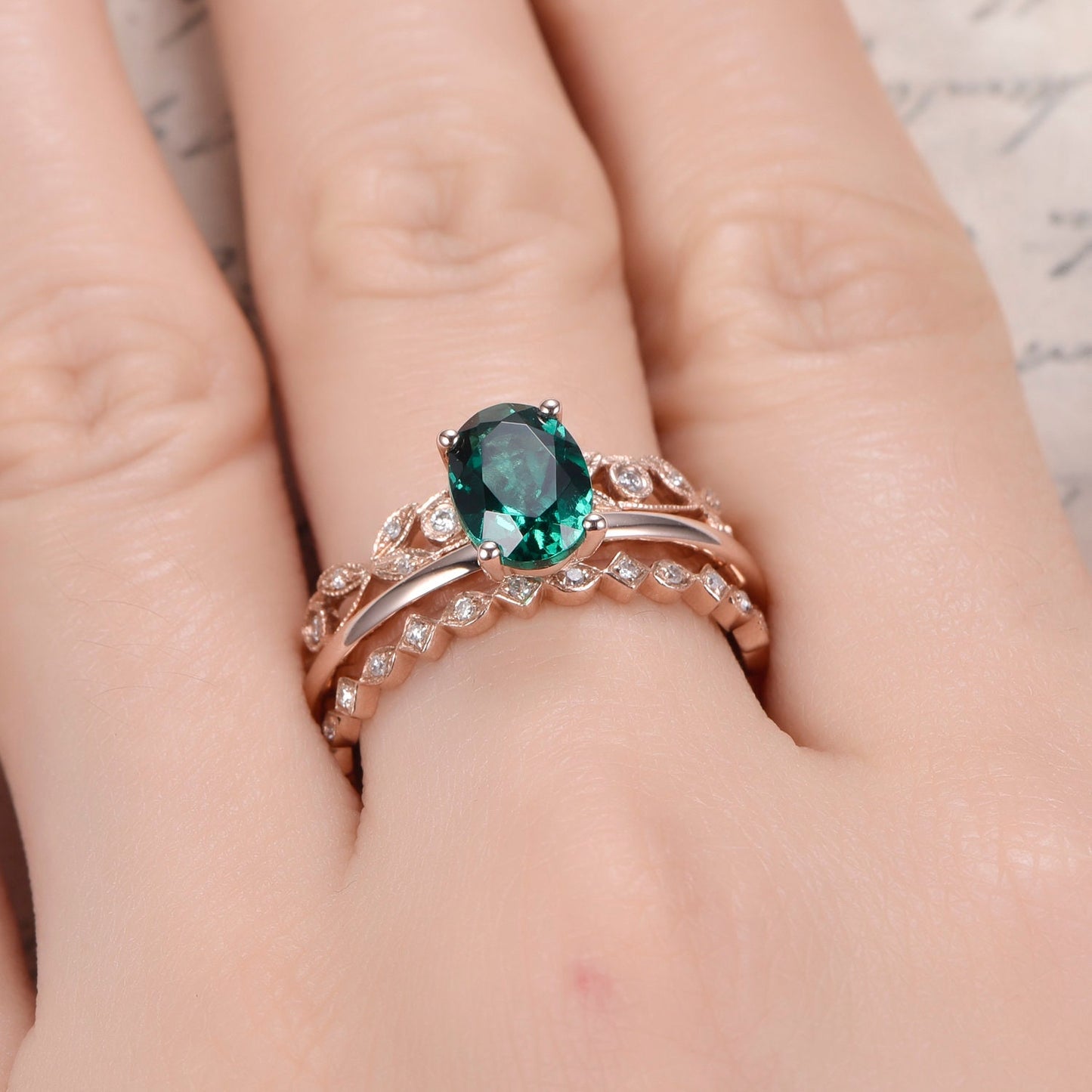 6x8mm-oval-cut-emerald-engagement-ring-set-3pcs-14k-rose-gold-plain-band-solitaire-two-art-deco-band