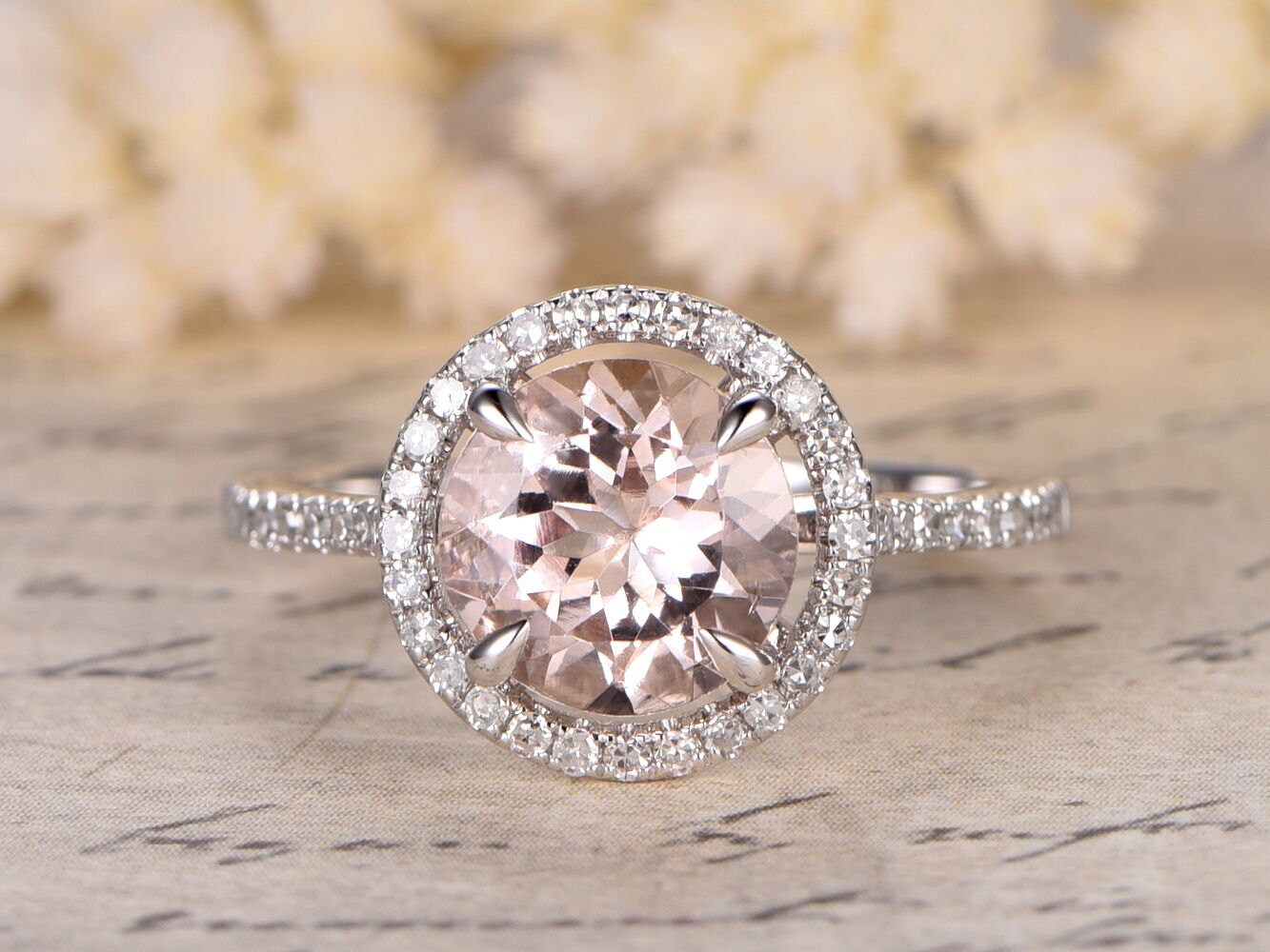 Bague de fiançailles en morganite de 9 mm, alliance en or blanc 14 carats sertie de diamants pavés, bague solitaire avec halo de diamants, alliance en diamants pour femme