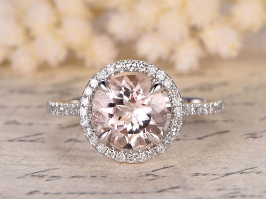 Bague de fiançailles en morganite de 9 mm, alliance en or blanc 14 carats sertie de diamants pavés, bague solitaire avec halo de diamants, alliance en diamants pour femme