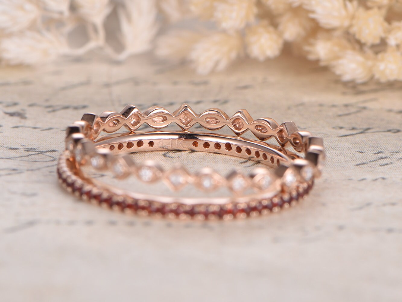 Red Garnet & Diamond Wedding Band Set 2pcs 14K Rose Gold Full Eternity
