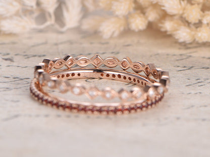 Red Garnet & Diamond Wedding Band Set 2pcs 14K Rose Gold Full Eternity