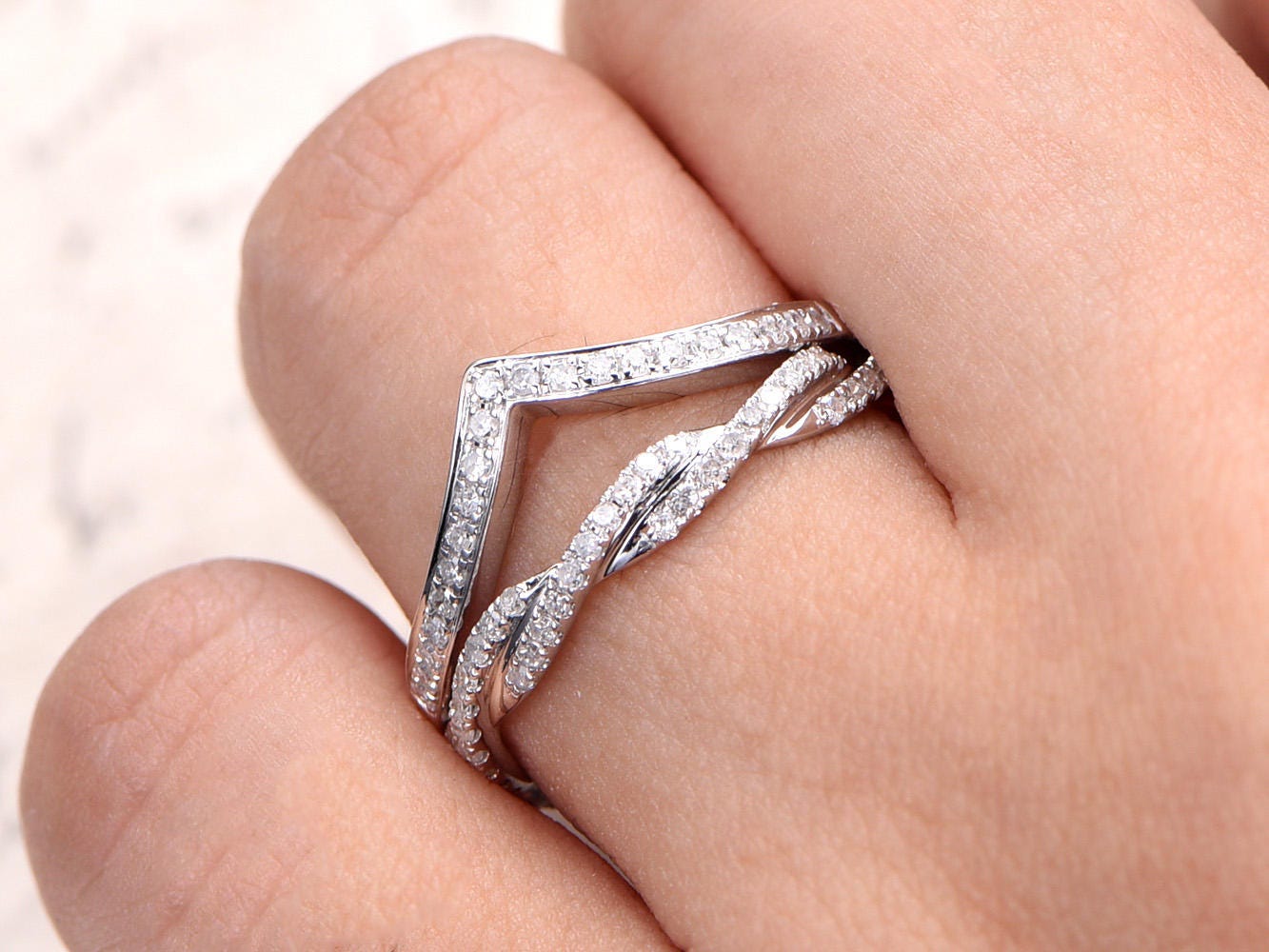 diamond-wedding-bands-set-2pcs-14k-white-gold-full-eternity-band-and-curved-v-shape-band
