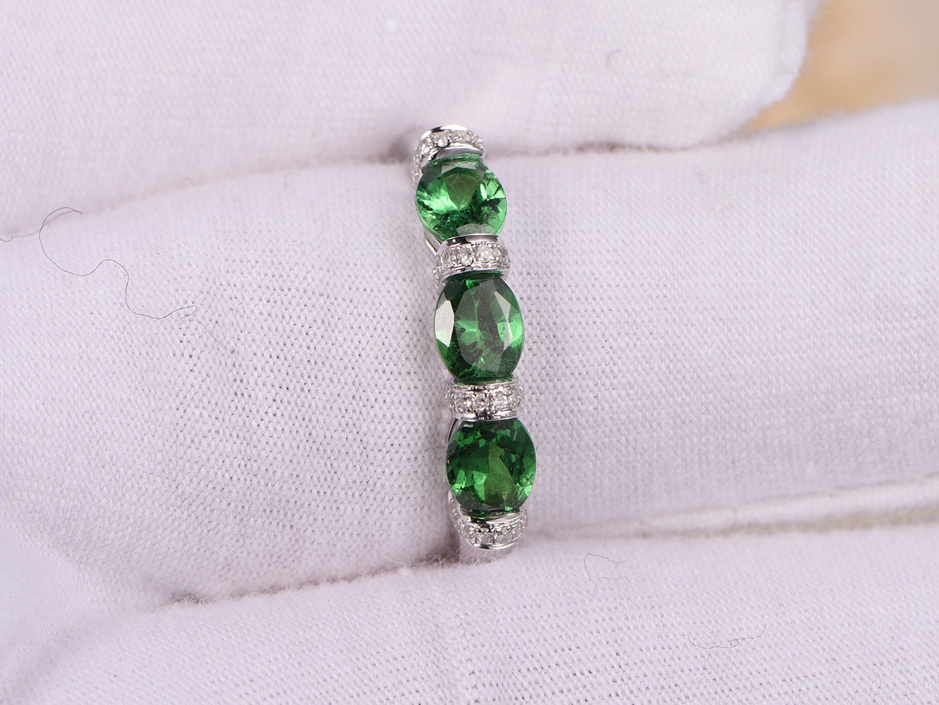 Triple 4x5mm Oval Cut Tsavorite Engagement Ring 14K White Gold