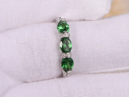 Triple 4x5mm Oval Cut Tsavorite Engagement Ring 14K White Gold