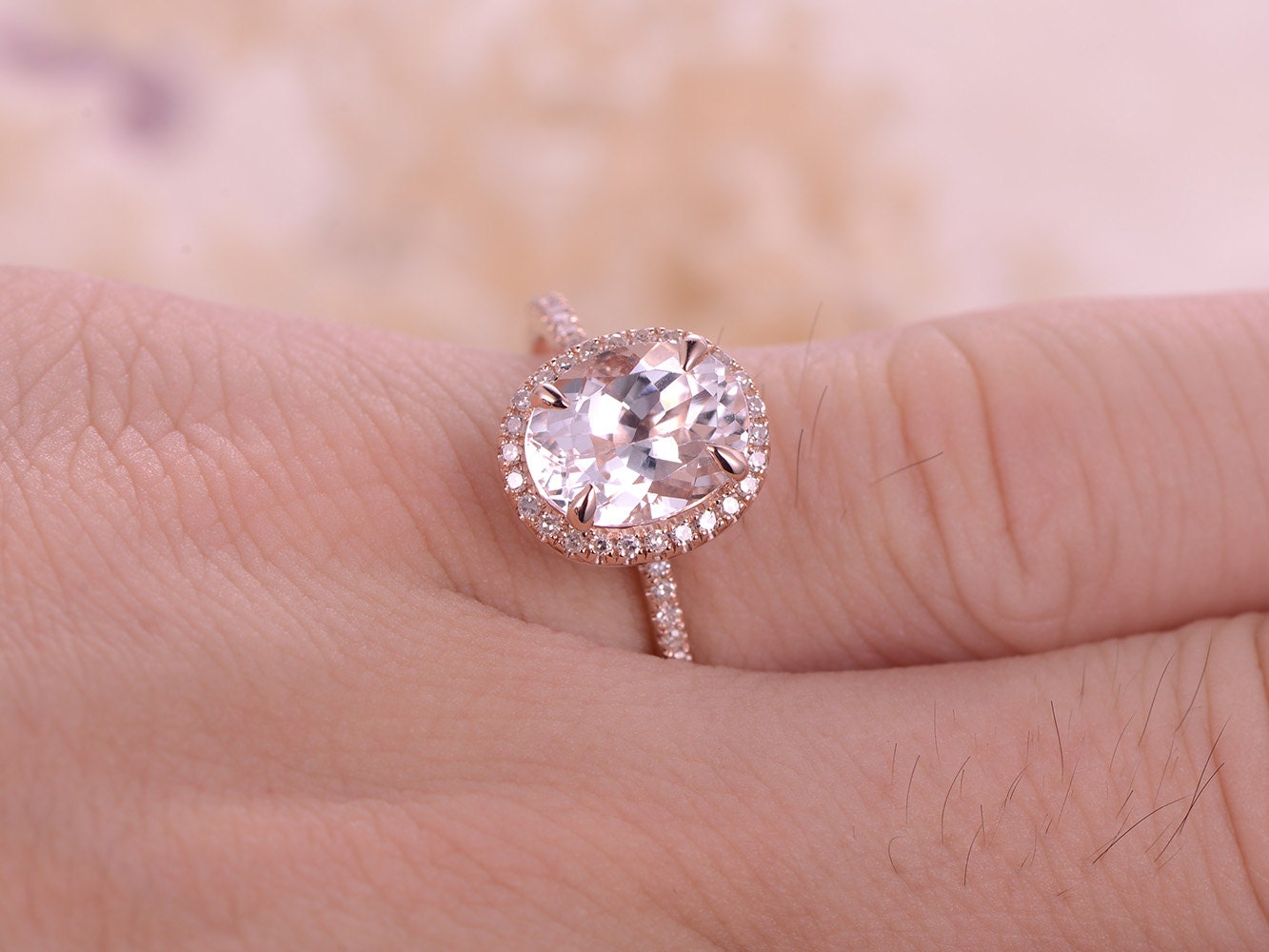 7x9mm Oval Cut White Topaz Engagement Ring 14K Rose Gold Diamond Halo Half Eternity