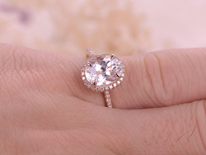 7x9mm Oval Cut White Topaz Engagement Ring 14K Rose Gold Diamond Halo Half Eternity