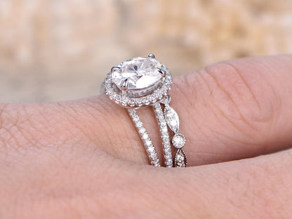 Ensemble de bague de fiançailles vintage en moissanite ovale, bague en moissanite VVS 6x8, alliance en or blanc 14 carats sertie de diamants, ensemble de bagues délicates en diamants