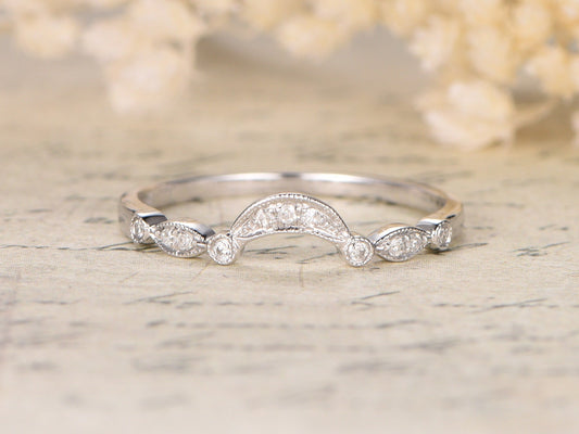Bague personnalisée en or rose 14 carats, alliance arche, demi-alliance, bague empilable, sertie clos, bague marquise et point, moissanite disponible