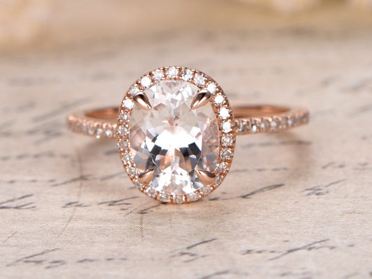 7x9mm Oval Cut White Topaz Engagement Ring 14K Rose Gold Diamond Halo Half Eternity