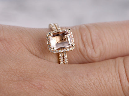 7x9mm Emerald Cut Morganite Engagement Ring Set 2pcs 14K Rose Gold Diamond Halo | Thin Matching Band