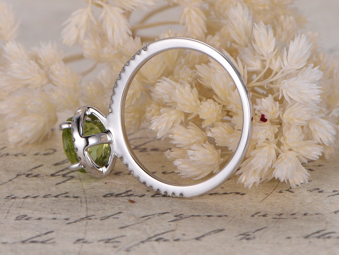 7mm Round Cut Peridot Engagement Ring 14K White Gold Diamond Halo Half Eternity Design
