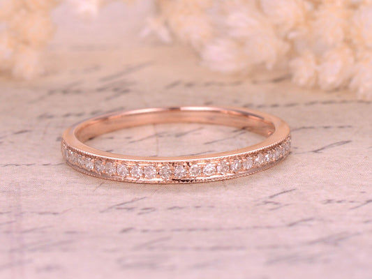 Diamond Wedding Band 2mm Band Width Milgrain Ring 14k Rose Gold Half Eternity