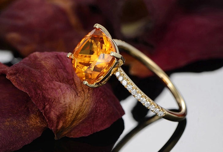 7mm Cushion Cut Citrine Engagement Ring 14K Yellow Gold Solitaire Diamond Half Eternity