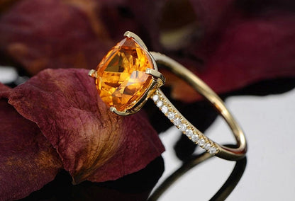 7mm Cushion Cut Citrine Engagement Ring 14K Yellow Gold Solitaire Diamond Half Eternity