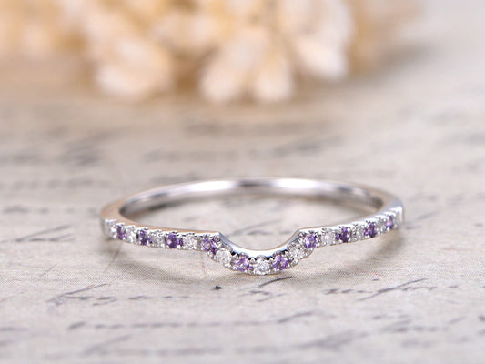 Curved Diamond And Amethyst Wedding Band Half Eternity 14K White Gold