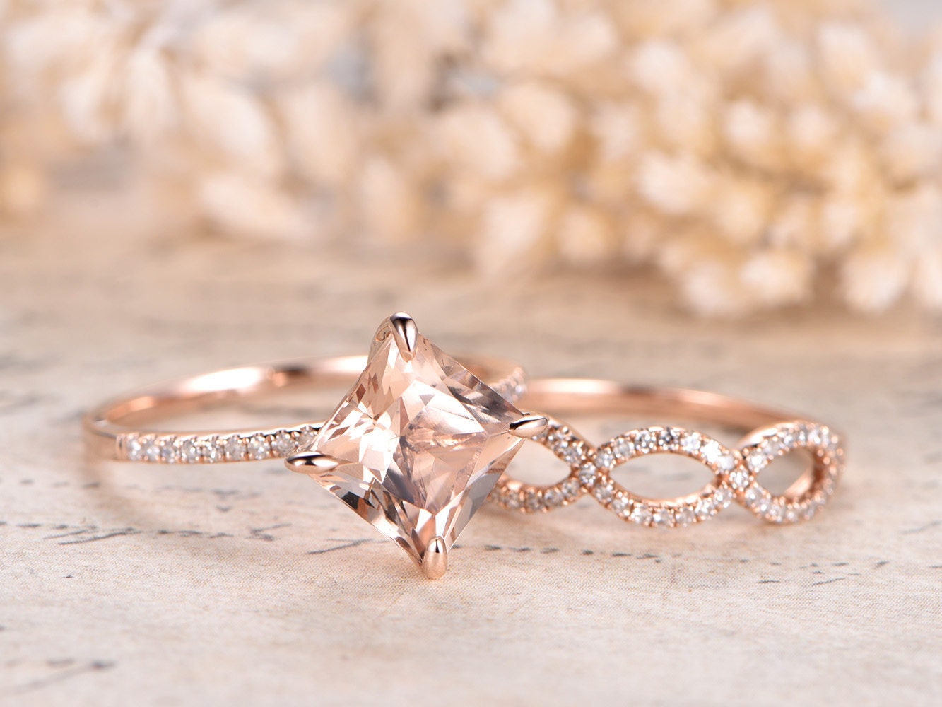 Bague en morganite naturelle VS, or rose, diamants, alliance, anneau fendu, bague de fiançailles solitaire en morganite de 8 mm, demi-alliance.