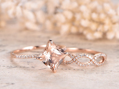 Bague en morganite naturelle VS, or rose, diamants, alliance, anneau fendu, bague de fiançailles solitaire en morganite de 8 mm, demi-alliance.
