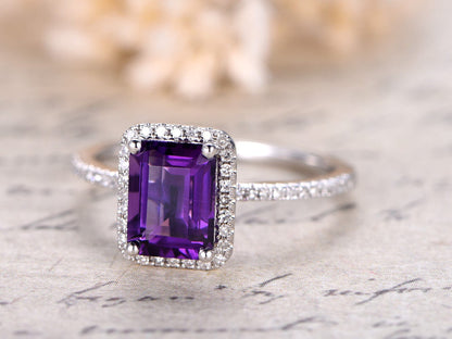 6x8-emerald-cut-amethyst-engagement-ring-14k-white-gold-diamond-band-half-eternity-vintage-halo-design