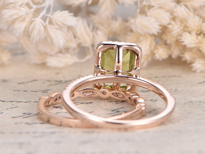 6x8mm-emerald-cut-peridot-engagement-ring-set-14k-rose-gold-art-deco-diamond-ring-august-birthstone