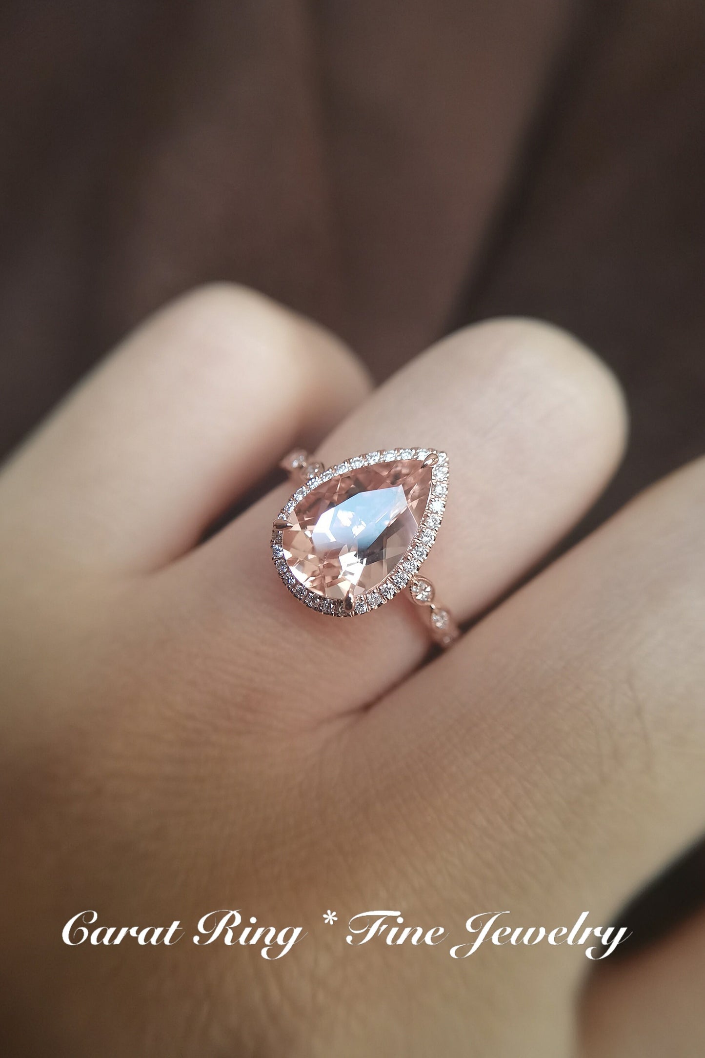 Bague de fiançailles en morganite taille poire, alliance style Art déco antique, pierre précieuse 8x12mm, bague de promesse, bague halo diamant, bague de mariée en or rose 14 carats