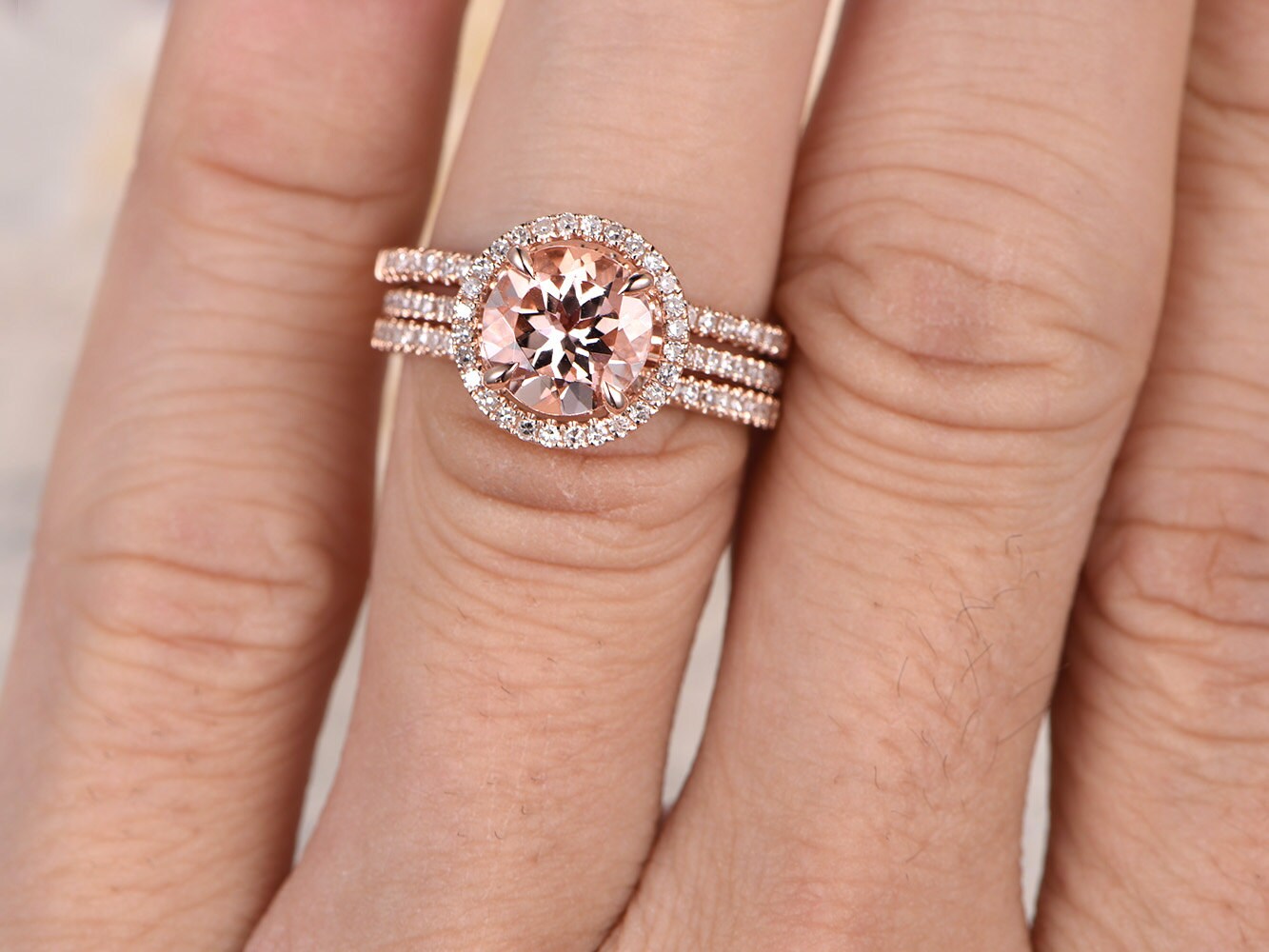 8mm Round Cut Morganite Engagement Ring Set 3pcs 14K Rose Gold Diamond Halo | Two Curved Matching Band