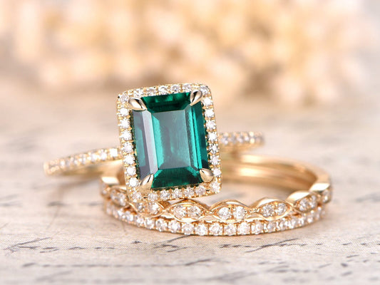 6x8mm-emerald-cut-emerald-engagement-ring-set-3pcs-14k-yellow-gold-diamond-halo-half-eternity-two-matching-band