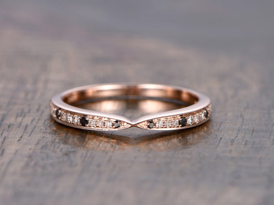 White & Black Diamond Wedding Band 14K Rose Gold Half Eternity Design