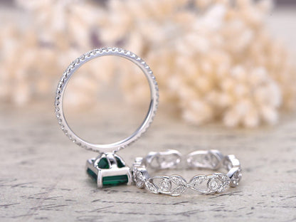 Bague de fiançailles en or blanc 14 carats sertie d'une émeraude de 6 x 8 mm, pierre de naissance du mois de mai, ensemble de 2 bagues, alliance sertie de diamants, bague florale sertie de diamants