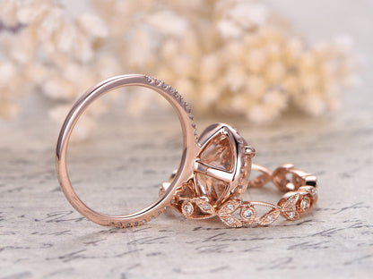 Ensemble de bagues en morganite ronde de 8 mm, bague de fiançailles en or rose 14 carats avec morganite et diamants, alliance sertie de diamants, bague sertie de diamants sur toute la longueur, bague ornée de diamants à motif floral