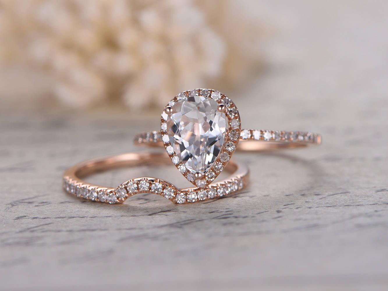 6x8mm-pear-cut-white-topaz-engagement-ring-set-2pcs-14k-rose-gold-curved-diamond-half-eternity-band-halo-curved-matching-band
