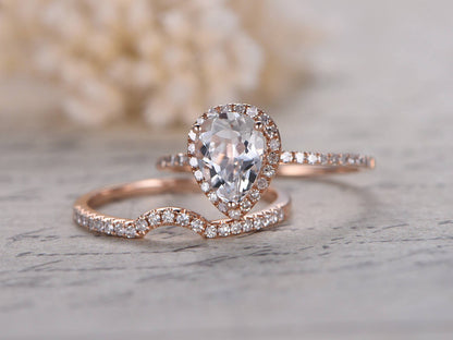 6x8mm-pear-cut-white-topaz-engagement-ring-set-2pcs-14k-rose-gold-curved-diamond-half-eternity-band-halo-curved-matching-band