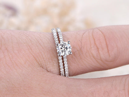 Bague de fiançailles en moissanite taille ronde de 5 mm, alliance en or blanc 14 carats massif, style anneau fin, ensemble de bagues de mariage