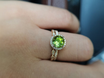 7mm Round Cut Peridot Engagement Ring Set 2pcs Diamond Halo | Diamond Art Deco Matching Band
