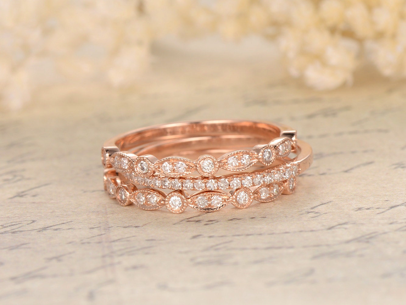 diamond-wedding-band-set-3pcs-14k-rose-gold-half-eternity-two-art-deco-band-one-thin-band