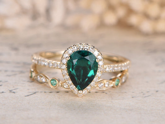 6x8mm-pear-cut-emerald-engagement-ring-set-2pcs-14k-yellow-gold-diamond-halo-half-eternity-art-deco-matching-band