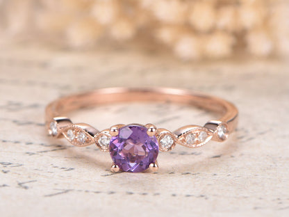 Bague de fiançailles en améthyste, alliance en or rose 14 carats sertie de diamants, demi-alliance, bague de mariage, améthyste de 5 mm, bague femme, bague de promesse