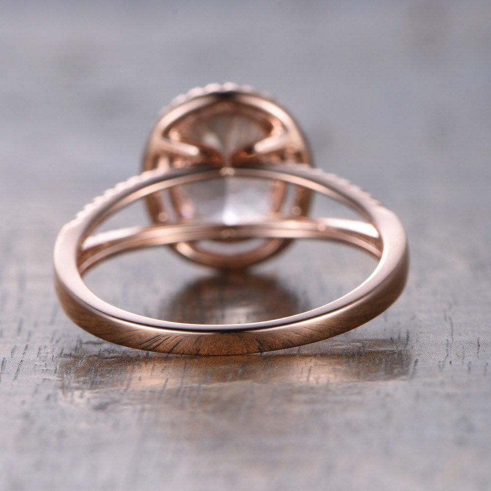 8x10mm Oval Cut Morganite Engagement Ring 14K Rose Gold Diamond Split Shank Halo Design