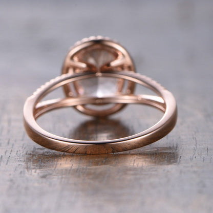 8x10mm Oval Cut Morganite Engagement Ring 14K Rose Gold Diamond Split Shank Halo Design
