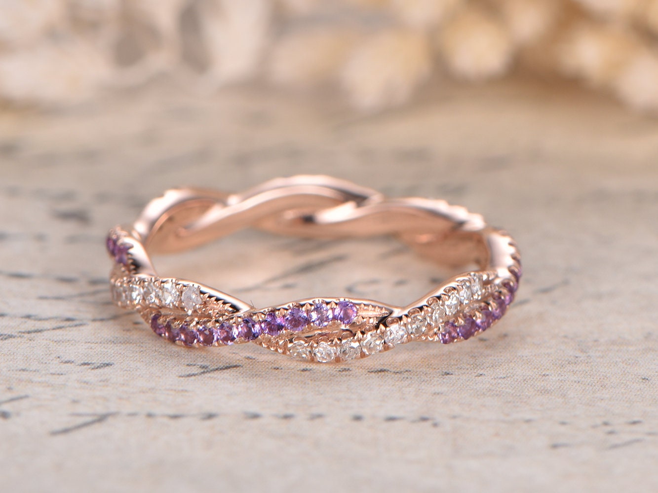 Diamond & Amethyst Wedding Band Full Eternity 14K Rose Gold Twist Design