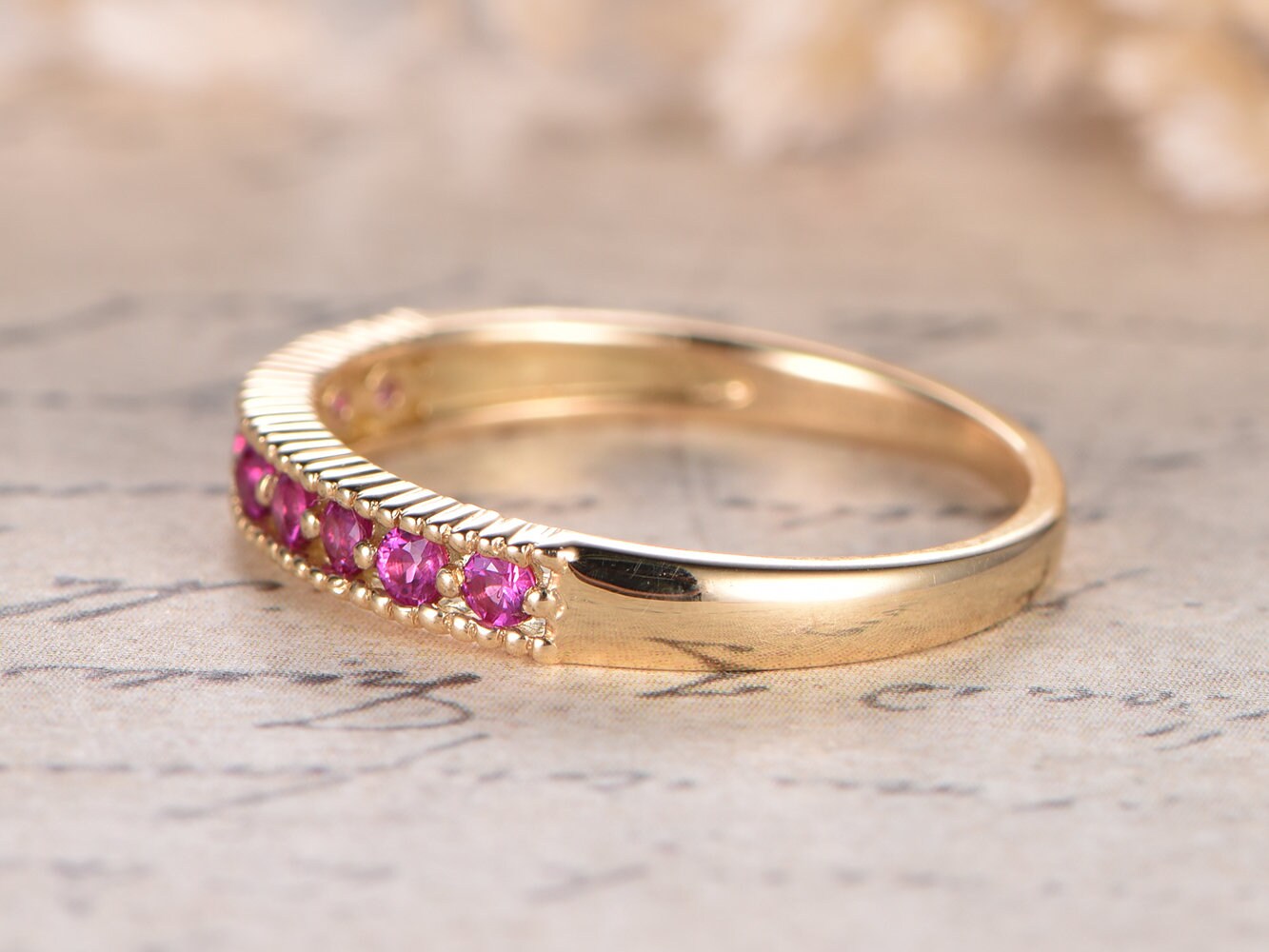 Bague de fiançailles en rubis, alliance pavée de rubis, alliance empilable en or blanc 14 carats massif, bague de mariage pour femme avec rubis