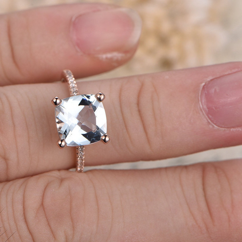 Bague en aigue-marine 8 mm, sertie de diamants taille coussin, bague de fiançailles, pierre de naissance de mars, or rose 14 carats, alliance sertie de diamants.