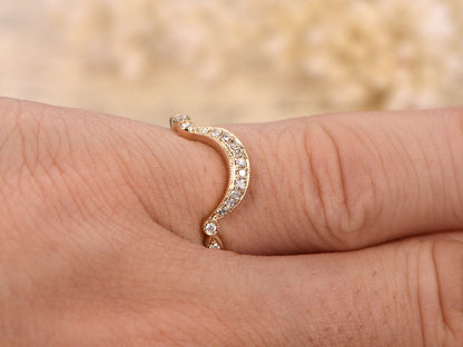 Alliance incurvée en diamant, demi-alliance, bague d'anniversaire, bague en forme de marquise et de cercle, style Art déco, or jaune 14 carats, alliance assortie, bague sur mesure