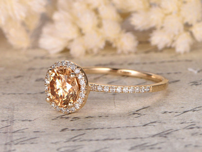 Bague de fiançailles en moissanite champagne, halo de diamants de 6,5 mm, or jaune 14 carats, bague de fiançailles et alliance assorties, style vintage