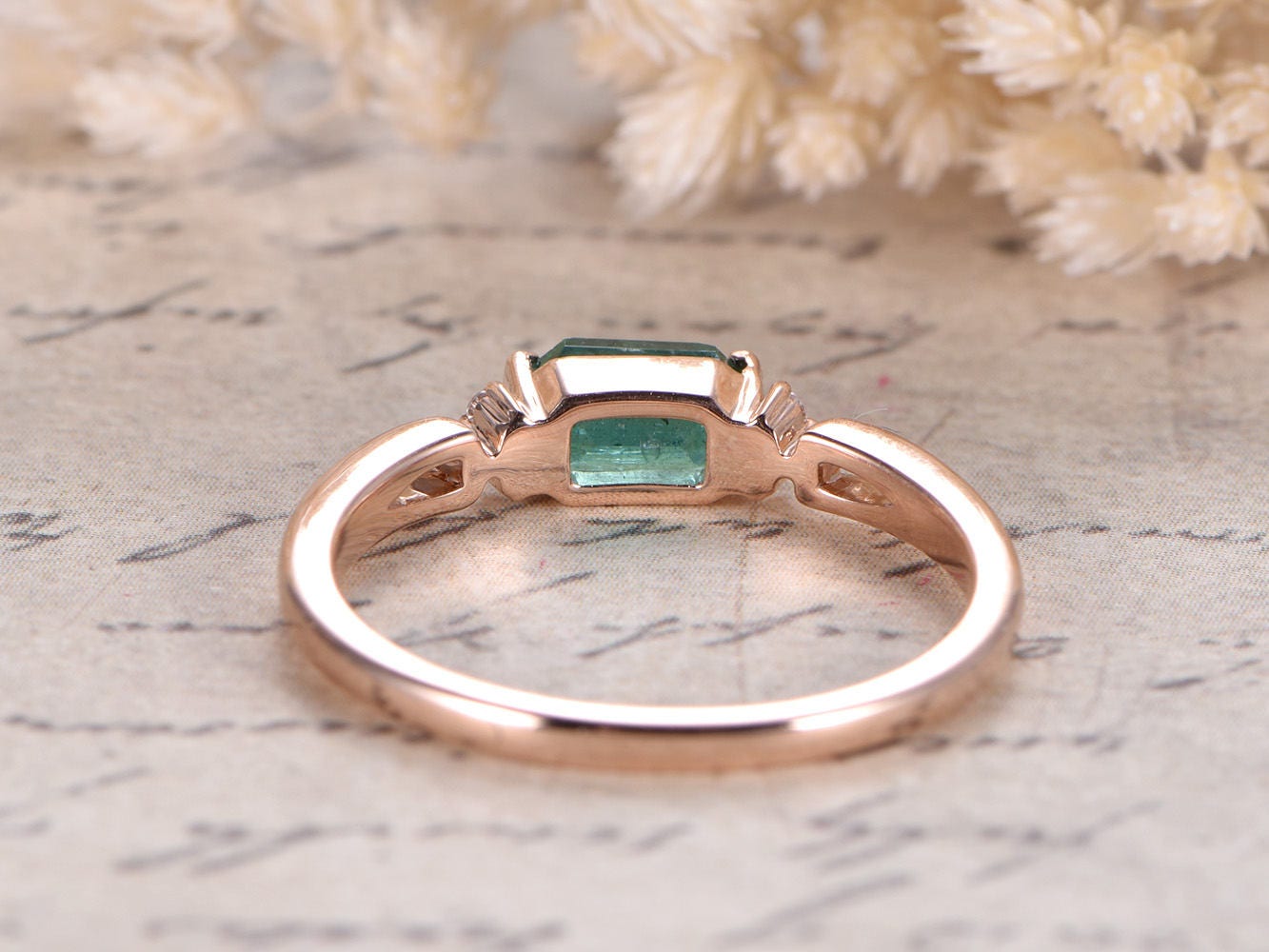 3.5mm-x-5.5mm-emerald-cut-natural-emerald-engagement-ring-14k-rose-gold-plain-band-diamond-accent