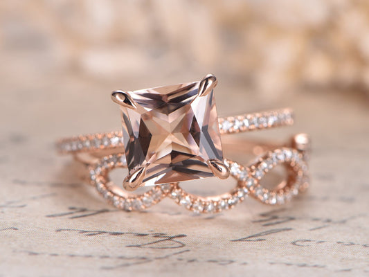 8mm Princess Cut Morganite Engagement Ring Set 2pcs 14K Rose Gold Solitaire | Diamond Split Shank Matching Band