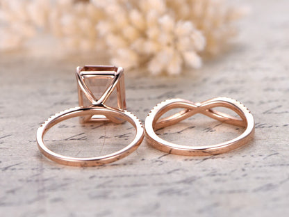 9x11mm Emerald Cut Morganite Engagement Ring Set 2pcs 14K Rose Gold Diamond Half Eternity Solitaire | Split Shank Matching Band