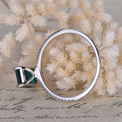 Bague de fiançailles en or blanc 14 carats avec émeraude 6x8 mm, pierre de naissance de mai, bague de mariage Art déco, demi-alliance sertie de diamants, bague de promesse unique