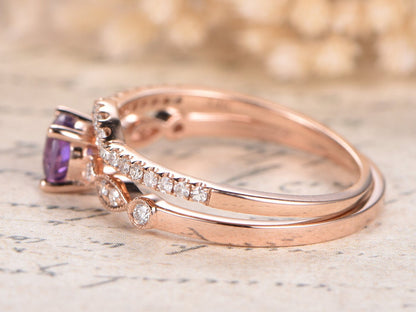 Ensemble de bagues de fiançailles en améthyste, alliance demi-éternité en or rose 14 carats et diamants, bague de mariage avec améthyste de 5 mm.